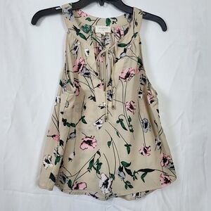 Everly Beige Floral Round Split‎ V-Neck Front Tie Sleeveless Blouse Size M